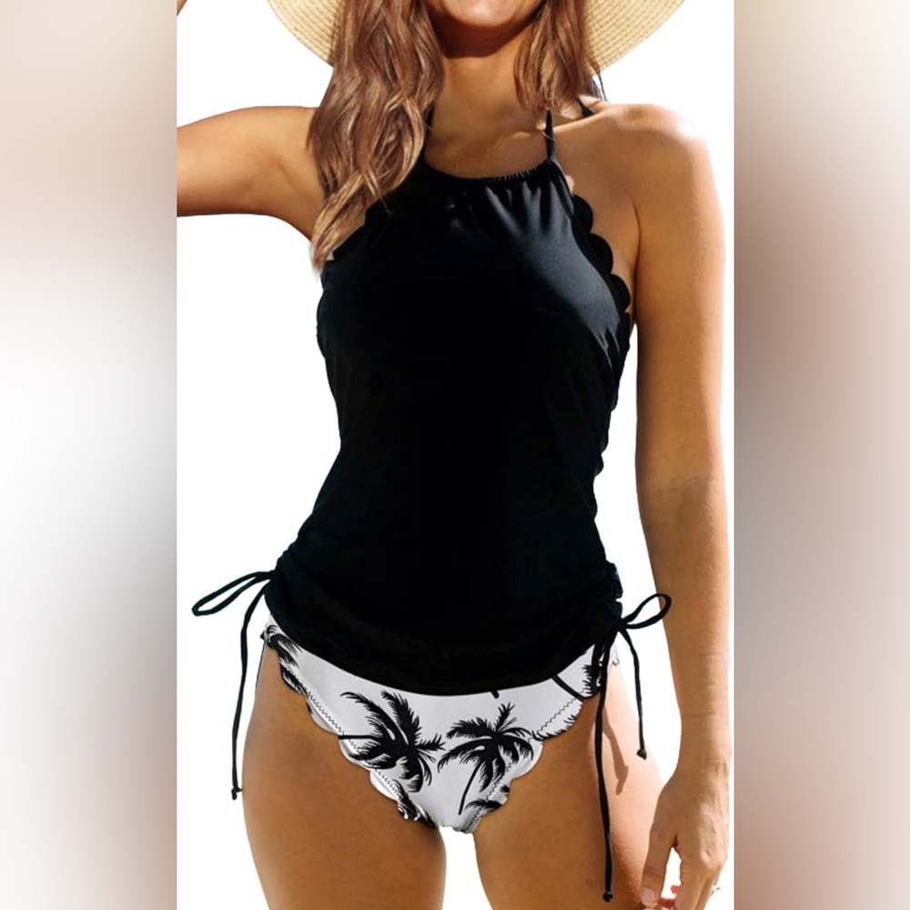 BEACHSISSI Scalloped Tummy Control Halter Tankini Set Palm Tree Print Women’s XL